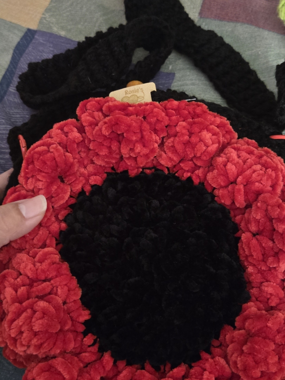 Red & Black Floral Plush Shoulder Bag